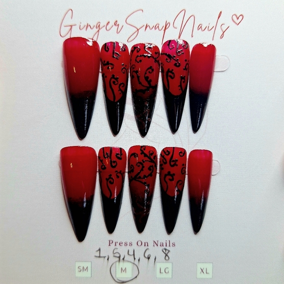 Hand Crafted Other - Press On Nails 10pc Long Stiletto Size Med. Red Black Gradient Swirl W Chrome